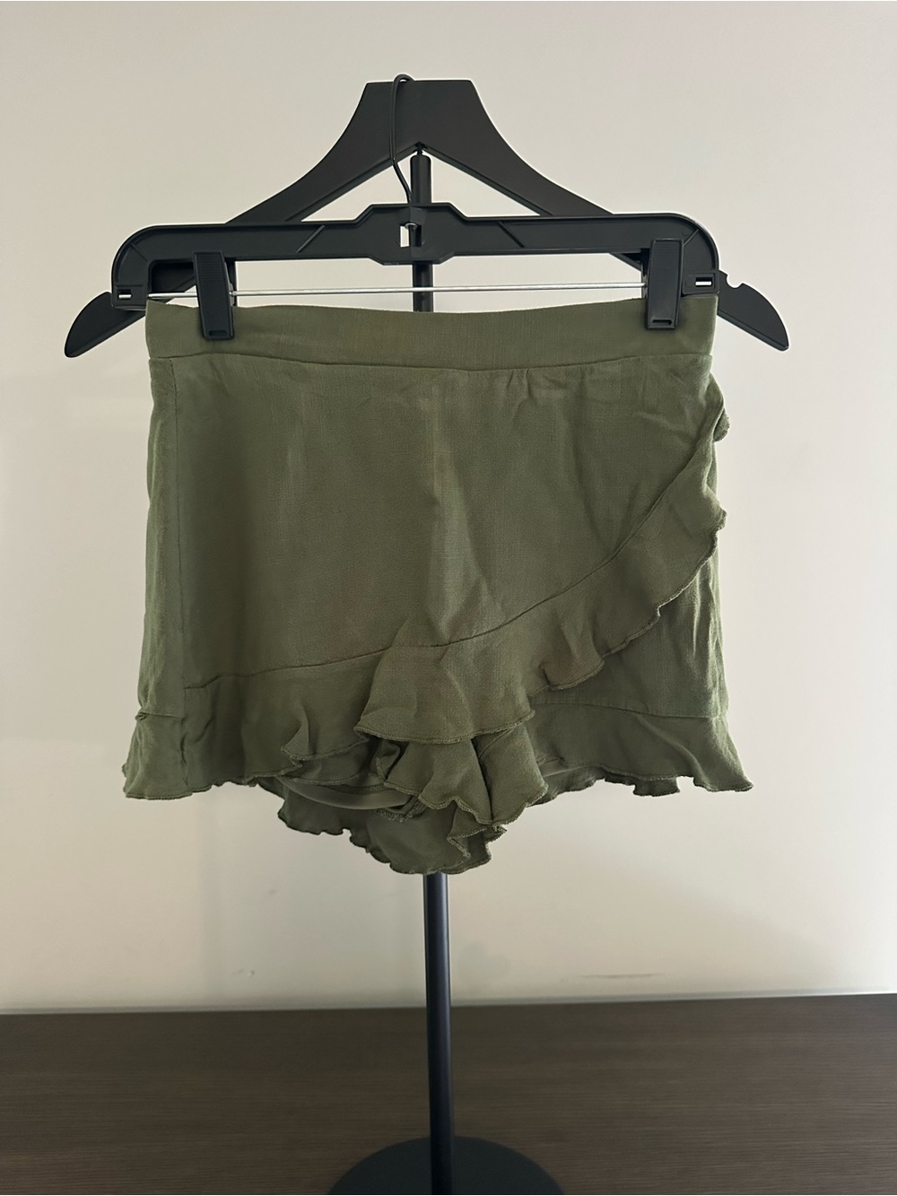 Altar'd State Olive Ruffle Mini Shorts